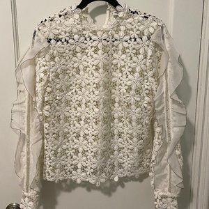 Self-Portrait Flounced Lace Sleeve Blouse in White